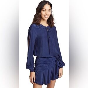 Dee Dee medium navy ruched mini dress shirred long sleeves flounce crew neckline